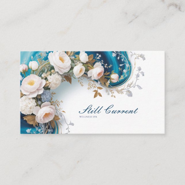 Elegant Peony Floral Teal and Gold Business Card (Front)