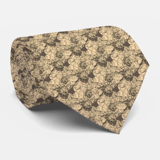 Elegant  Peony Flower Brown Floral Pattern Tie (Rolled)