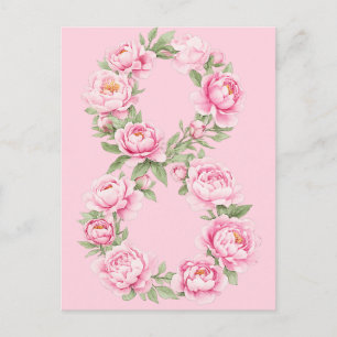 Elegant Peony Flower Illustration for March 8 Holiday Postcard