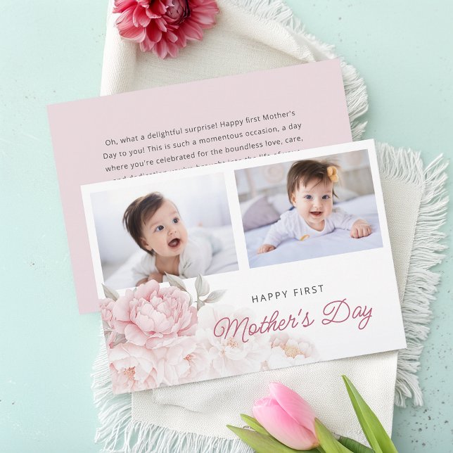 Elegant Peony Flowers First Mother's Day 2 Photos Card (Elegant Peony Flowers First Mother's Day 2 Photos Card)