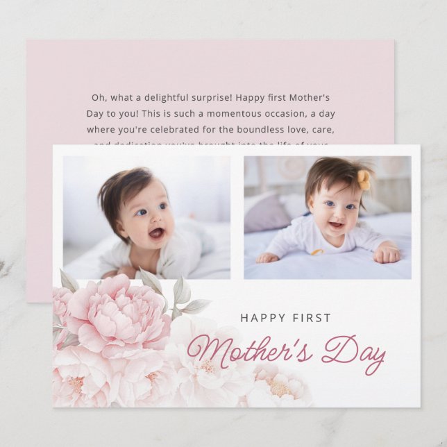 Elegant Peony Flowers First Mother's Day 2 Photos Card (Front/Back)