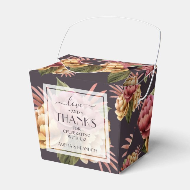 Elegant Peony Flowers on Purple Brown Favour Box (Front Side)