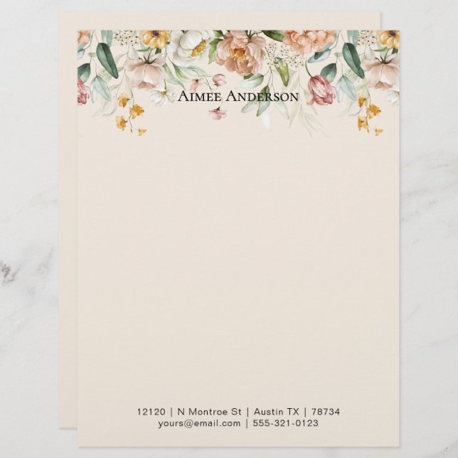 Elegant Peony Hydrangea Floral Pattern Border Custom Letterhead (Front/Back)