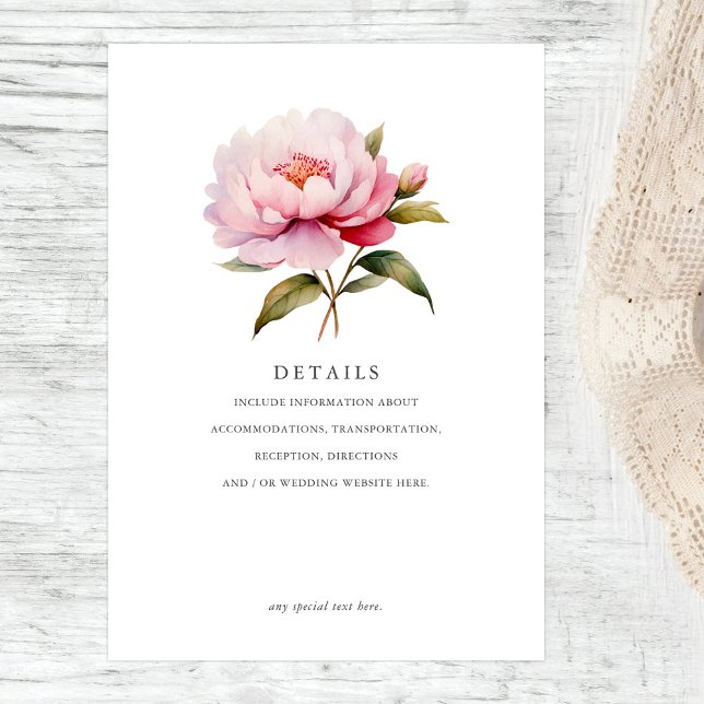 Elegant Peony Magnolia Pink Floral Wedding Details Enclosure Card (Creator Uploaded)