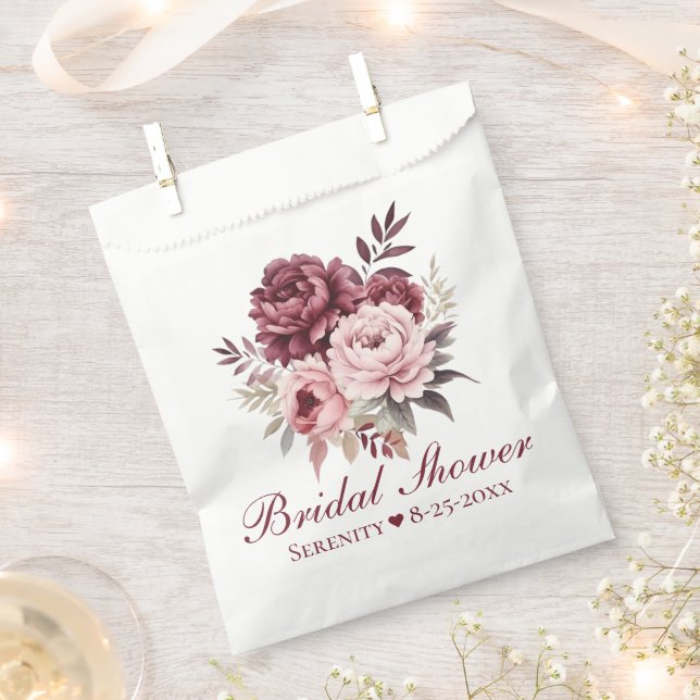 Elegant Peony Pink Burgundy Floral Bridal Shower   Favour Bag (Clipped)