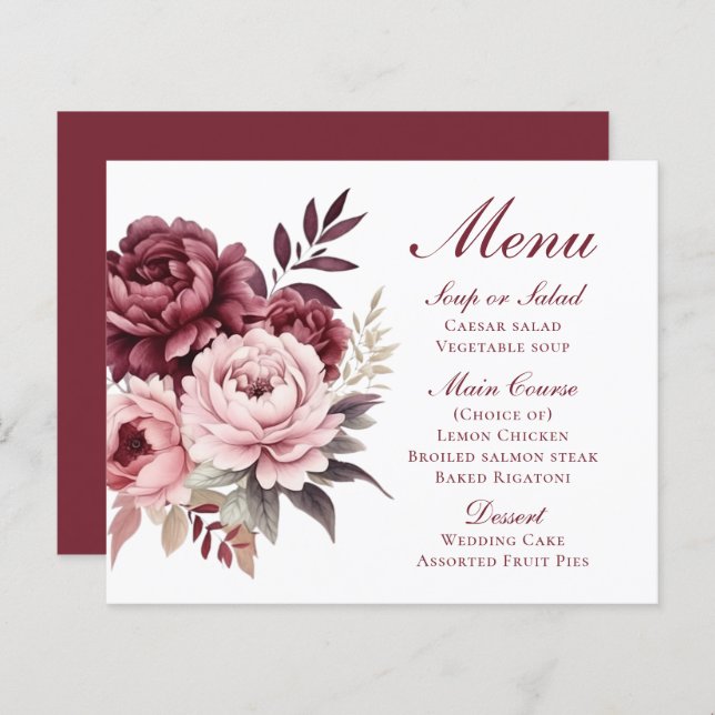Elegant Peony Watercolor Floral Wedding Menu (Front/Back)
