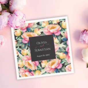 Elegant Peony Watercolor on Black Wedding Napkin