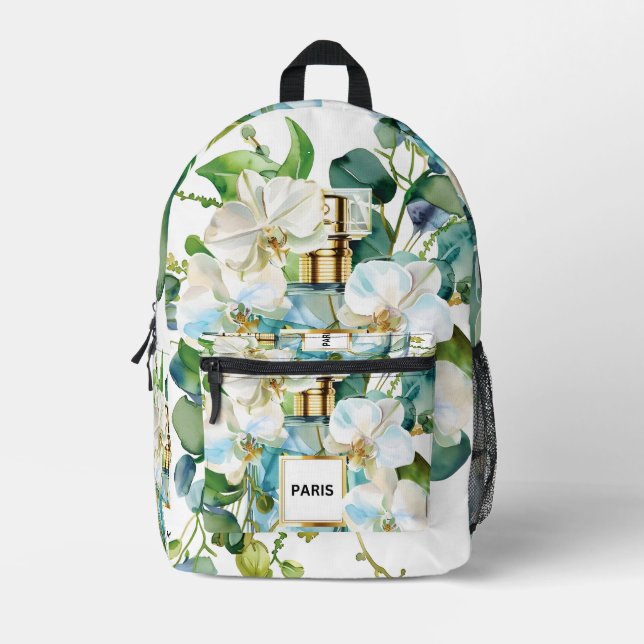 Elegant Perfume Bottle with White Orchid Printed Backpack (Front)