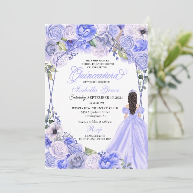 Elegant Periwinkle Blue Floral Quinceanera Invitat Invitation (Standing Front)