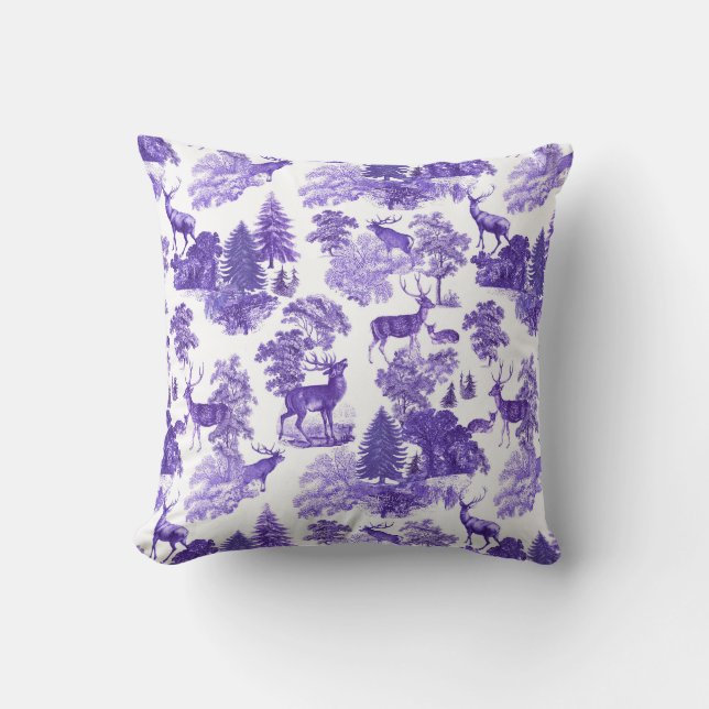 Elegant Periwinkle Blue Toile Deer in Woods Cushion (Front)