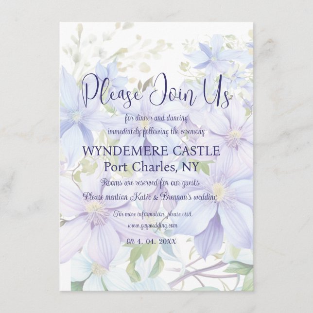 Elegant Periwinkle Clematis QR Code Wedding Enclosure Card (Front)