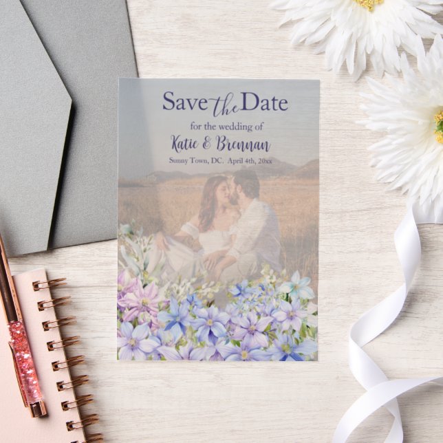 Elegant Periwinkle Clematis Save the Date Vellum Invitations (Wedding)