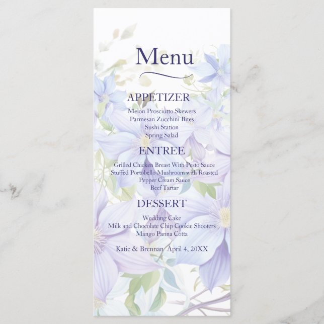 Elegant Periwinkle Clematis Wedding Menu (Front)