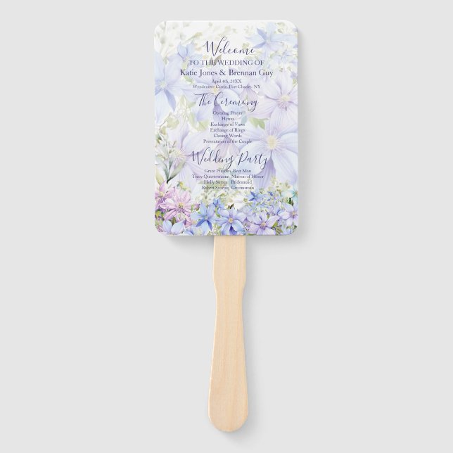 Elegant Periwinkle Clematis Wedding Program Hand Fan (Front)