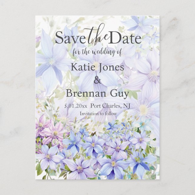 Elegant Periwinkle Clematis Wedding Save the Date Postcard (Front)