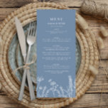 Elegant Periwinkle Wildflower Wedding Menu<br><div class="desc">Add a touch of timeless charm to your reception with this Elegant Periwinkle Wildflower Wedding Menu. Featuring delicate white wildflowers on soft periwinkle backdrop, this design brings a romantic and sophisticated feel to your wedding tablescape. The clean, minimalist layout ensures your delicious menu selections stand out beautifully. Perfect for garden,...</div>