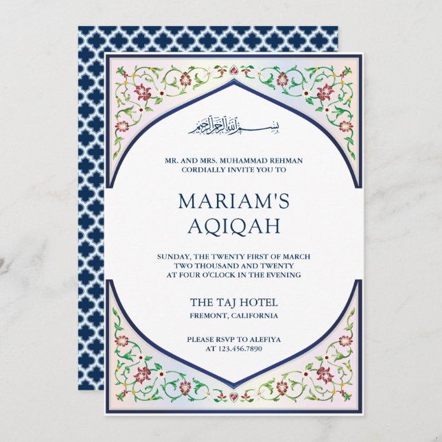 Elegant Persian Mosaic Art Islamic Aqiqah Invitation (Front/Back)