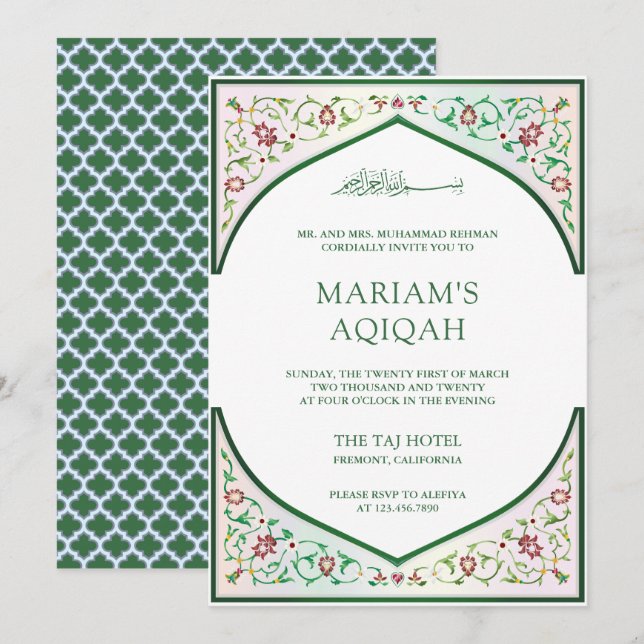 Elegant Persian Mosaic Art Islamic Aqiqah Invitation (Front/Back)