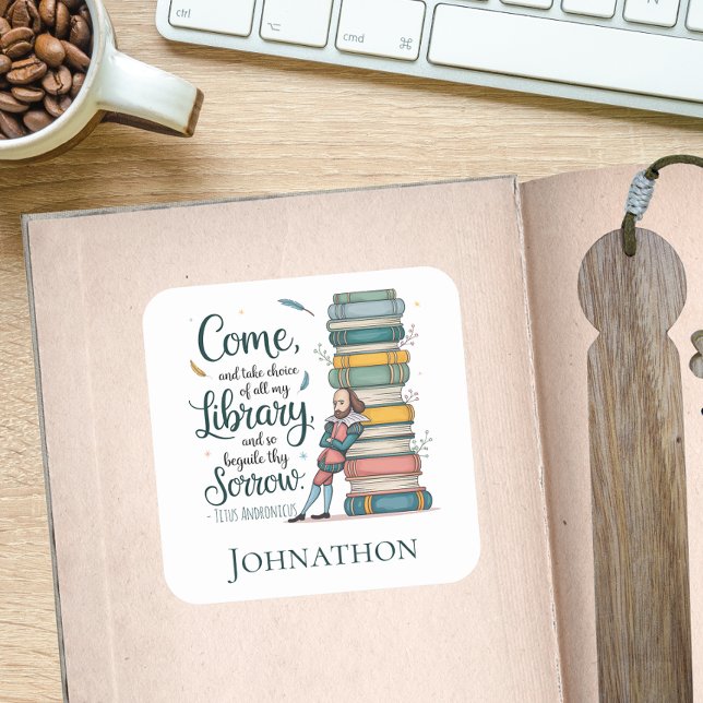 Elegant Personal Library Botanical Quote Square Sticker (Creator Uploaded)