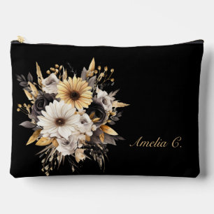 Elegant Personalise Black & Gold Flowers Accessory Pouch