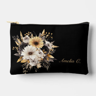 Elegant Personalise Black & Gold Flowers Accessory Pouch