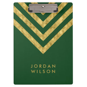 Elegant Personalise Name Green Faux Gold Chevron Clipboard