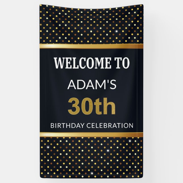 Elegant Personalised 30th Birthday Gold And Black Banner (Vertical)