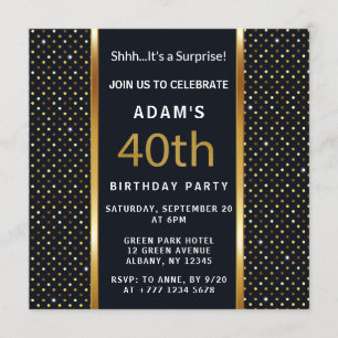 Elegant Personalised 40th Birthday Gold And Black Invitation