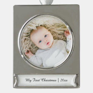 Elegant Personalised Baby's First Christmas Photo Silver Plated Banner Ornament