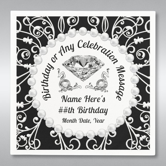 Elegant Personalised, Birthday Paper Napkins (Birthday Napkins Personalized, Black and White Napkins for Her. Diamond and Pearls Birthday Party. )