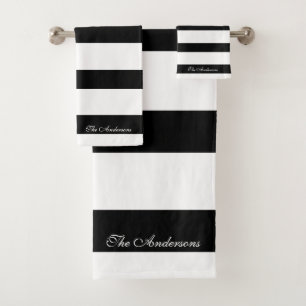 Elegant Personalised Black and White Stripes Bath Towel Set