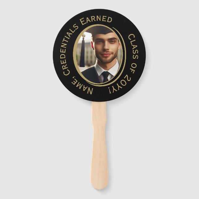 Elegant Personalised Black & Gold Graduation Photo Hand Fan (Front)