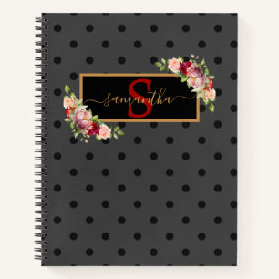 Elegant Personalised Black Polka Dot and Roses Notebook