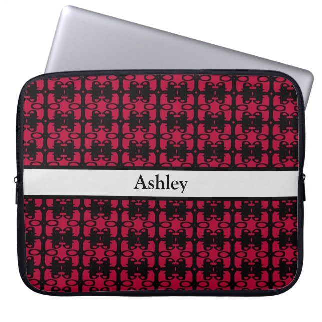 Elegant Personalised Black & Red Abstract Pattern Laptop Sleeve (Front)