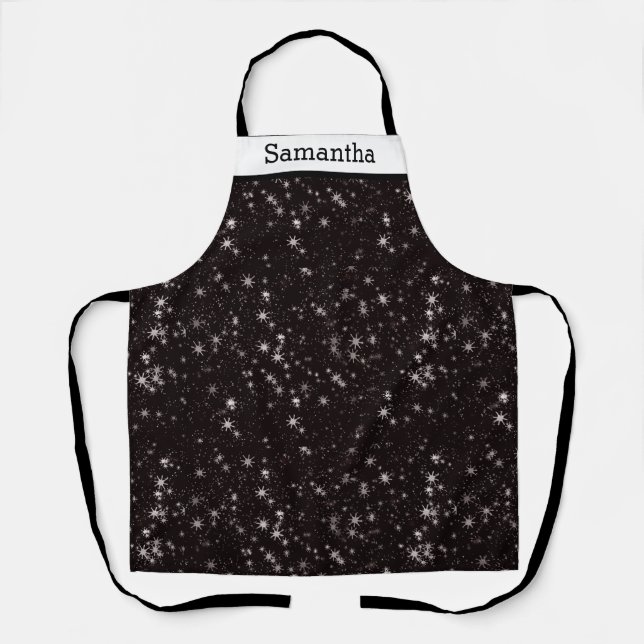 Elegant Personalised Black Snowflakes Stars Apron (Front)