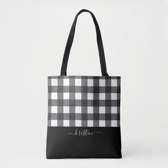Elegant Personalised Black White Buffalo Plaid Tote Bag (Front)