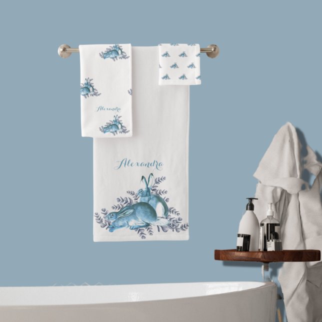 Elegant Personalised Blue Grey Bunny Rabbits Bath Towel Set (Creator Uploaded)