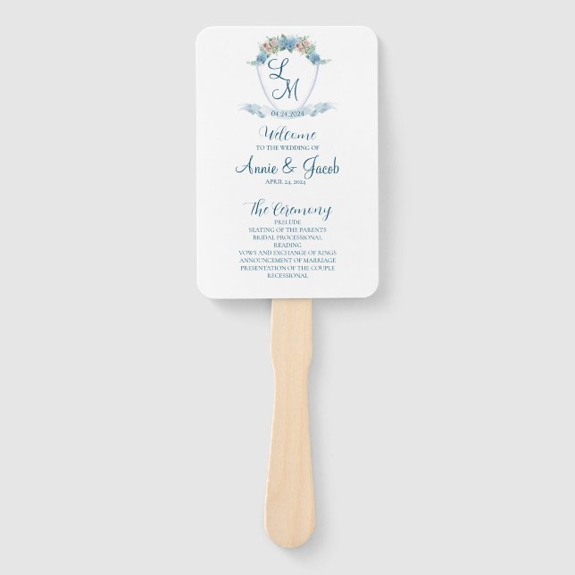 Elegant Personalised Blue Hydrangea Wedding Crest  Hand Fan (Front)
