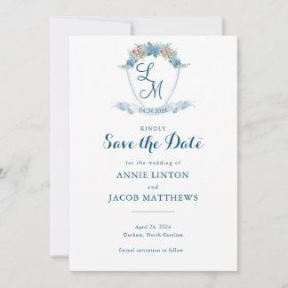 Elegant Personalised Blue Hydrangea Wedding Crest Save The Date