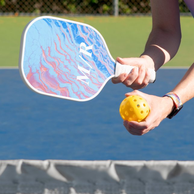 Elegant Personalised Blue & Pink Marble Pickleball Paddle (Insitu)
