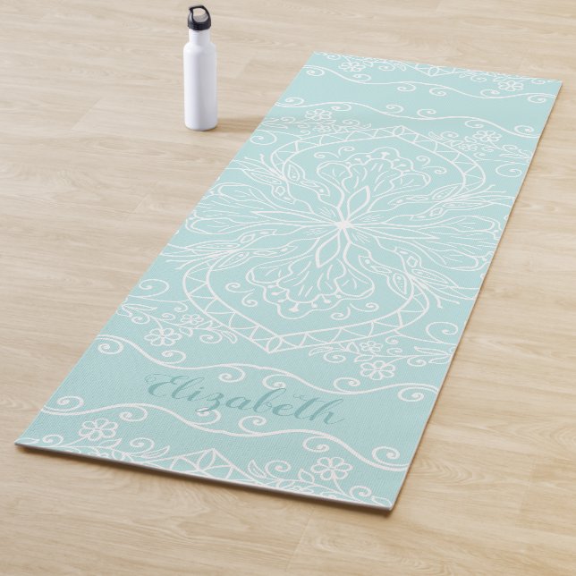 Elegant Personalised Boho Teal Aqua Blue Mandala Yoga Mat (In Situ)