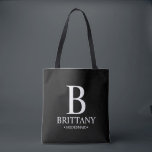 Elegant Personalised Bridesmaid Monogram and Name  Tote Bag<br><div class="desc">Elegant Personalised Bridesmaid Gifts
featuring personalised bridesmaid's monogram,  name and title in classic serif font style on black background.

Also perfect for maid of honour,  flower girl,  mother of the bride and more.</div>