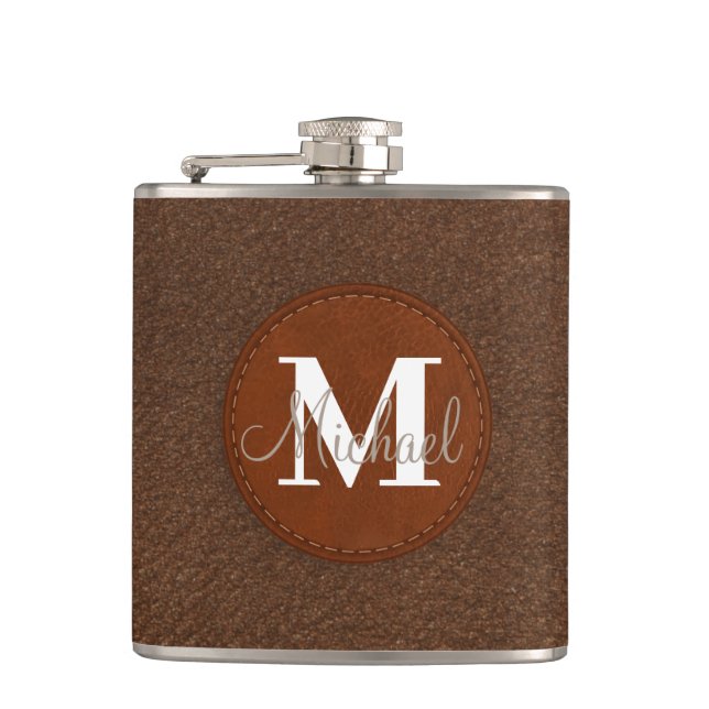 elegant personalised brown leather groomsman hip flask (Front)