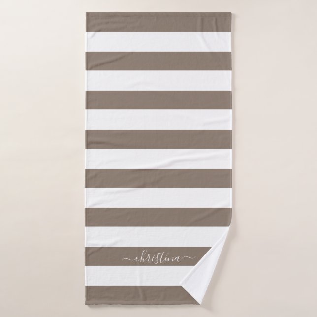 Elegant Personalised Brown Taupe White Stripes Bath Towel (Bath Towel)