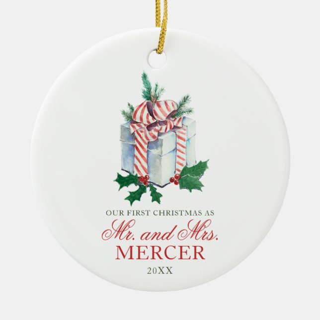 Elegant Personalised Christmas Newly Married  Ceramic Ornament (Front)