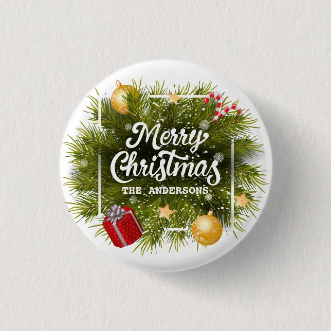 Elegant Personalised Christmas Tree Pin Button (Front)
