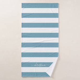 Elegant Personalised Dust Blue White Stripes Bath Towel