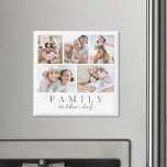 Elegant Personalised Family Photo Collage Magnet<br><div class="desc">Personalised "Family" Square Magnet. This simple and meaningful square magnet is a great way to celebrate your loved ones. The design features space for five favourite photos, with "Family" displayed underneath in a classic serif font. Below that, your family name appears in soft script. Both lines of text can be...</div>