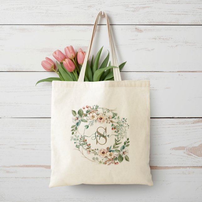 Elegant Personalised Floral Monogram Name Tote Bag (Creator Uploaded)