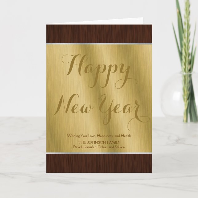 Elegant Personalised Gold and Dark Wood New Year Holiday Card (Front)